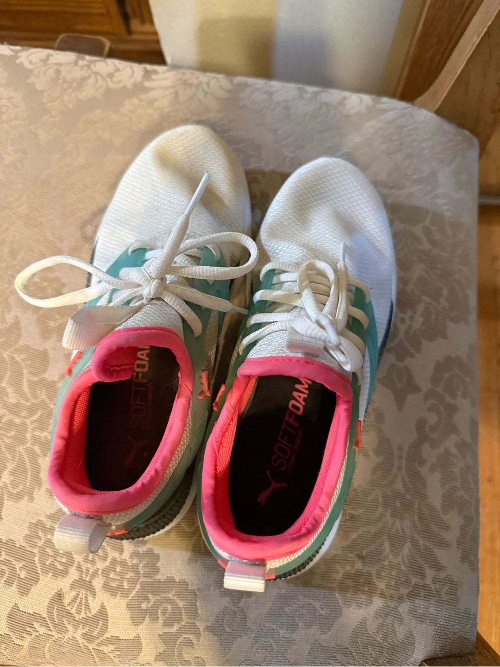 Puma White Sneakers with Mint Cage and Coral Pink Lining